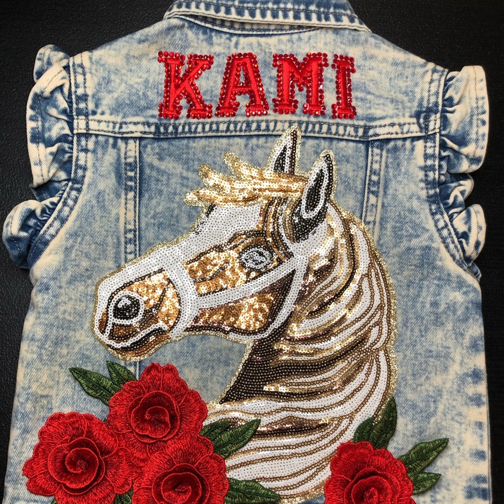 Stunning Cowgirl Themed Denim Vest w/3D Red Roses & Beautiful Horse Sequin Patch